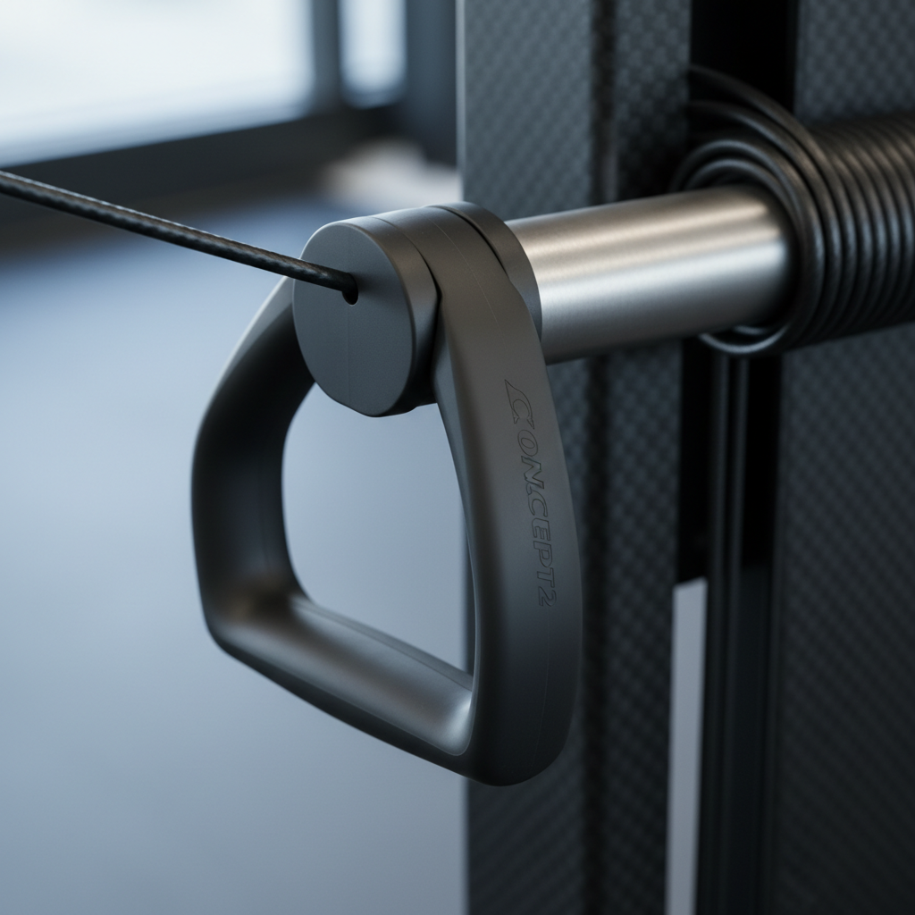 A robust, precision-molded black polymer handle hook specifically designed for SkiErg machines, featuring a matte finish with sleek contours and subtle branding etched on the side. The hook rests firmly on the metallic arm of a SkiErg machine, with the machine’s textured carbon-steel frame and the neatly wound cord visible in the background. Cool, diffused daylight enters the space, producing balanced illumination and creating soft highlights along the contours of the hook, with faint shadows providing dimensionality. The image is shot from an eye-level, slightly angled view, centered composition with sharp focus on the hook, resulting in a clean, professional, and corporate aesthetic that highlights the product’s quality and purpose within a gym setting.