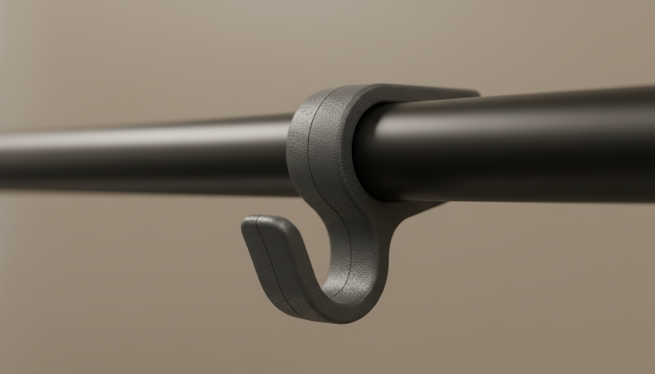 An extreme close-up of a high-durability, injection-molded plastic SkiErg handle hook, showing the fine, grippy texture and seamless construction. The hook is attached to a smooth, jet-black composite rail, with the background rendered as a neutral, softly blurred gym wall in taupe tones. The scene is brightly lit with indirect overhead LED lighting, producing sharp, organic highlights and minimal shadow. Photographic realism and a minimalist composition dominate, with shallow depth of field ensuring the hook’s material details fully command attention, evoking a sense of precision engineering for a corporate audience.