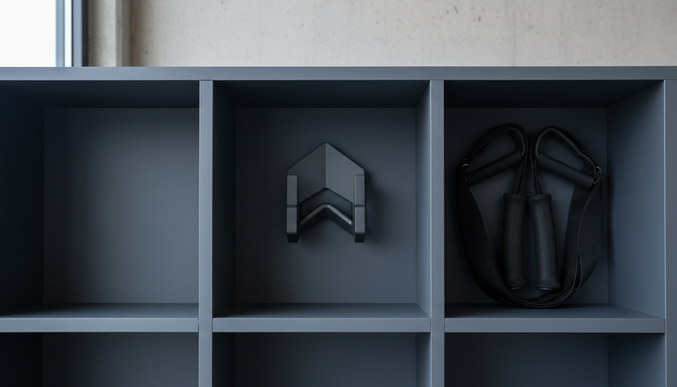 A detailed top-down view of a matte graphite-finish SkiErg handle hook mounted neatly on a custom cubby-style equipment rack, beside paired SkiErg handles with woven nylon straps. The clean, monochrome surfaces of the rack contrast with the hook’s crisp geometry. Cool, diffuse natural light filters across the scene, producing fine, controlled shadows and illuminating the neutral tones. The composition follows strict geometric order, with clear lines and negative space contributing to a highly organized, professional mood. The photographic style is crisp and documentary, ideal for emphasizing functional design and ease of access in a premium gym retail context.