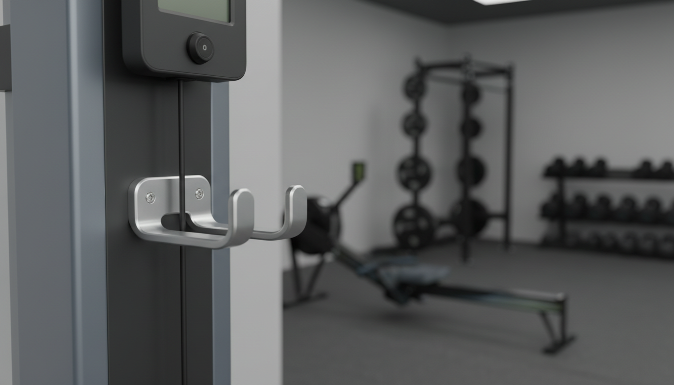 A pair of minimalist, brushed aluminum SkiErg handle hooks with gentle rounded edges and a smooth satin finish, installed on a studio-gray, wall-mounted SkiErg system. The neutral backdrop is organized and clutter-free, with other high-end gym equipment subtly blurred in the distance to maintain focus on the hooks. Even, soft studio lighting bathes the scene, ensuring crisp visibility and subtle reflections along the aluminum surfaces. Captured from a slightly elevated perspective with a rule-of-thirds composition, the layout feels structured, balanced, and highly functional, supporting the site’s professional, fitness-focused personality.