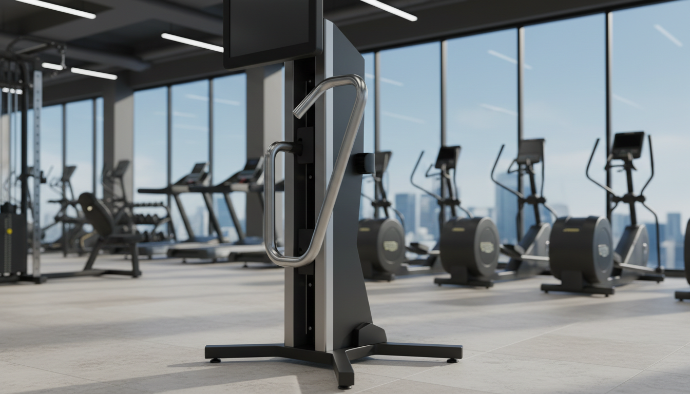 A wide shot of a polished stainless steel SkiErg handle hook displayed on a free-standing SkiErg machine in a state-of-the-art, ultra-modern corporate gym environment. The flooring is clean, neutral-stone vinyl, and the background includes orderly rows of upscale fitness equipment, all in subdued colors. Large panoramic windows allow soft midday daylight to fill the space, creating gentle, balanced shadows and natural highlights on both the hook and the machine. The mood is calm and highly professional, with a balanced, grid-like composition and sharp focus throughout, presenting an aspirational impression that aligns with a premium equipment store.